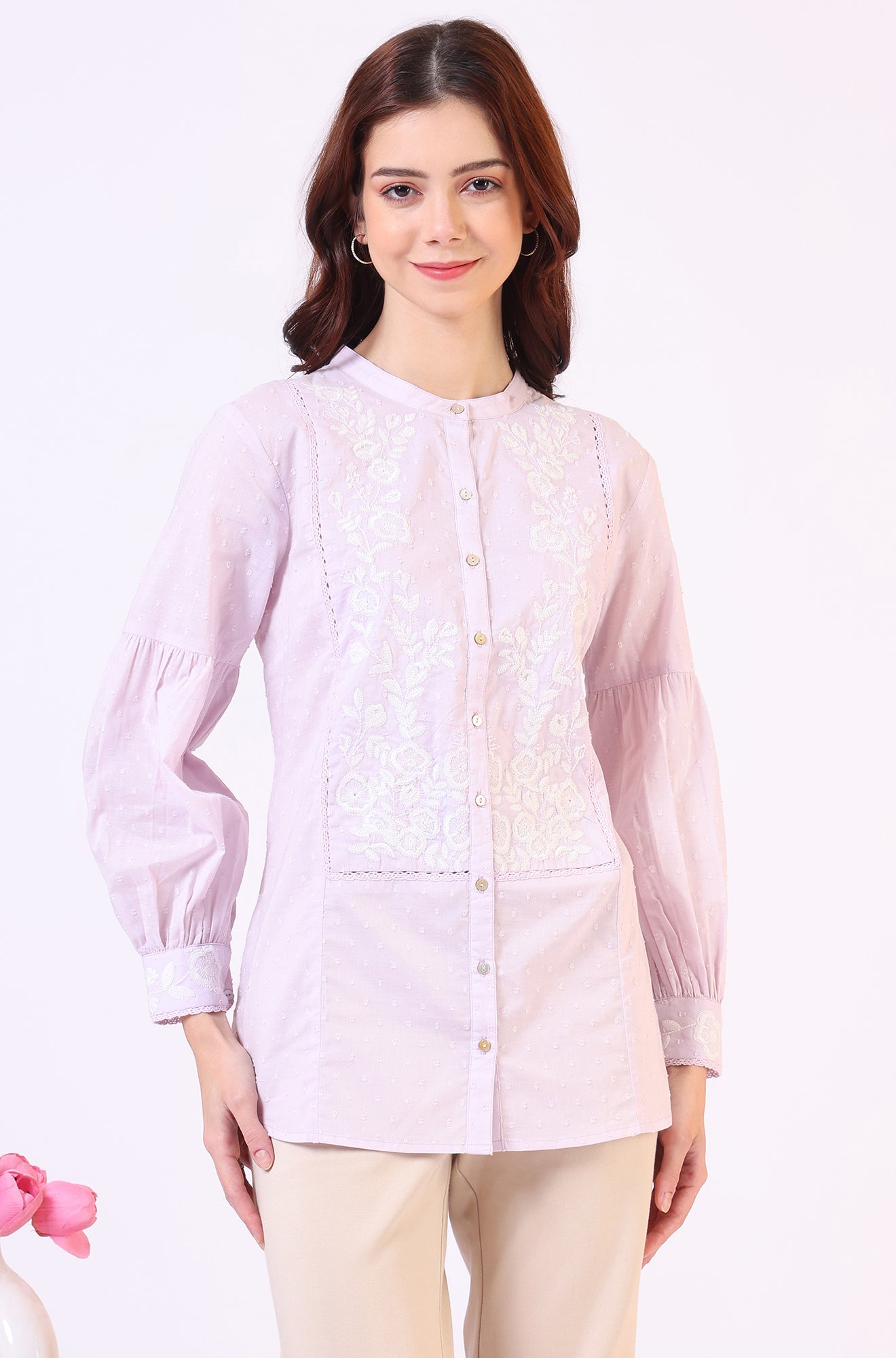 Lilac Yoke Embroidered Button Down Top With Lace Detail