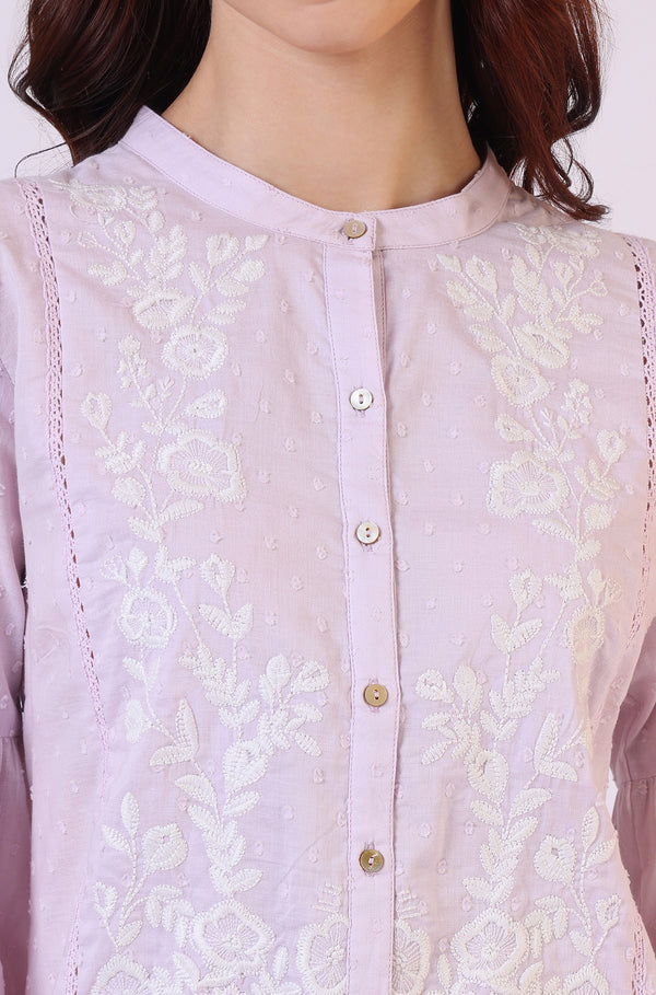 Lilac Yoke Embroidered Button Down Top With Lace Detail