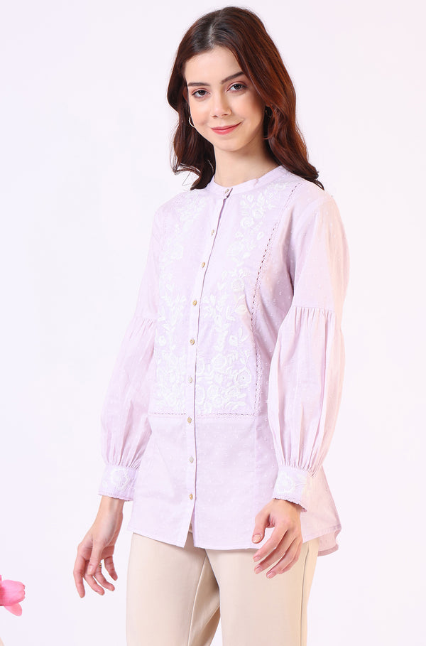 Lilac Yoke Embroidered Button Down Top With Lace Detail