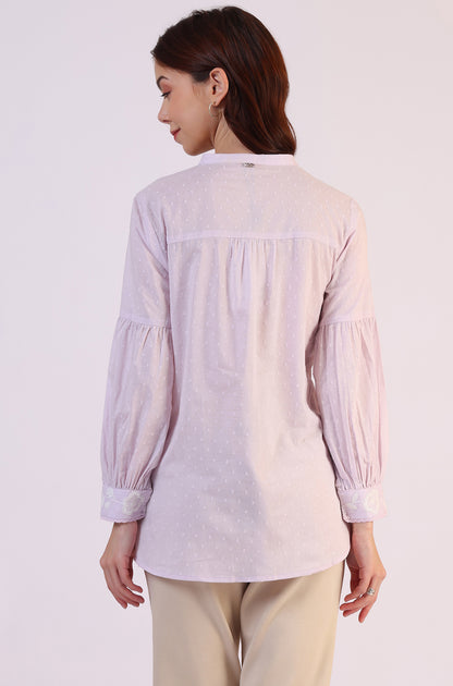 Lilac Yoke Embroidered Button Down Top With Lace Detail