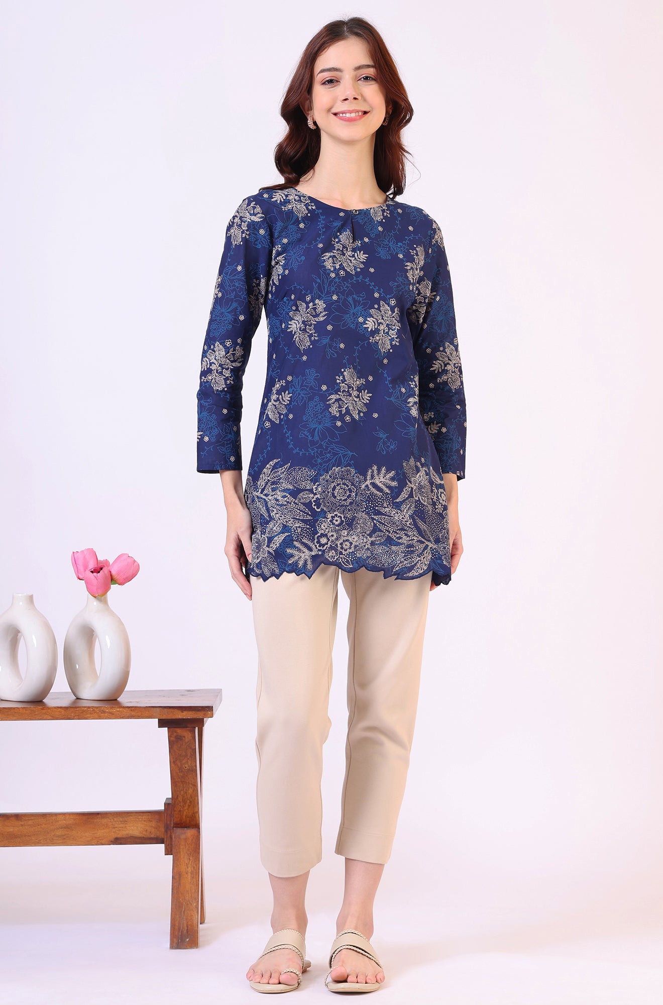 Navy Blue Floral Printed Pure Cotton Ethnic Top
