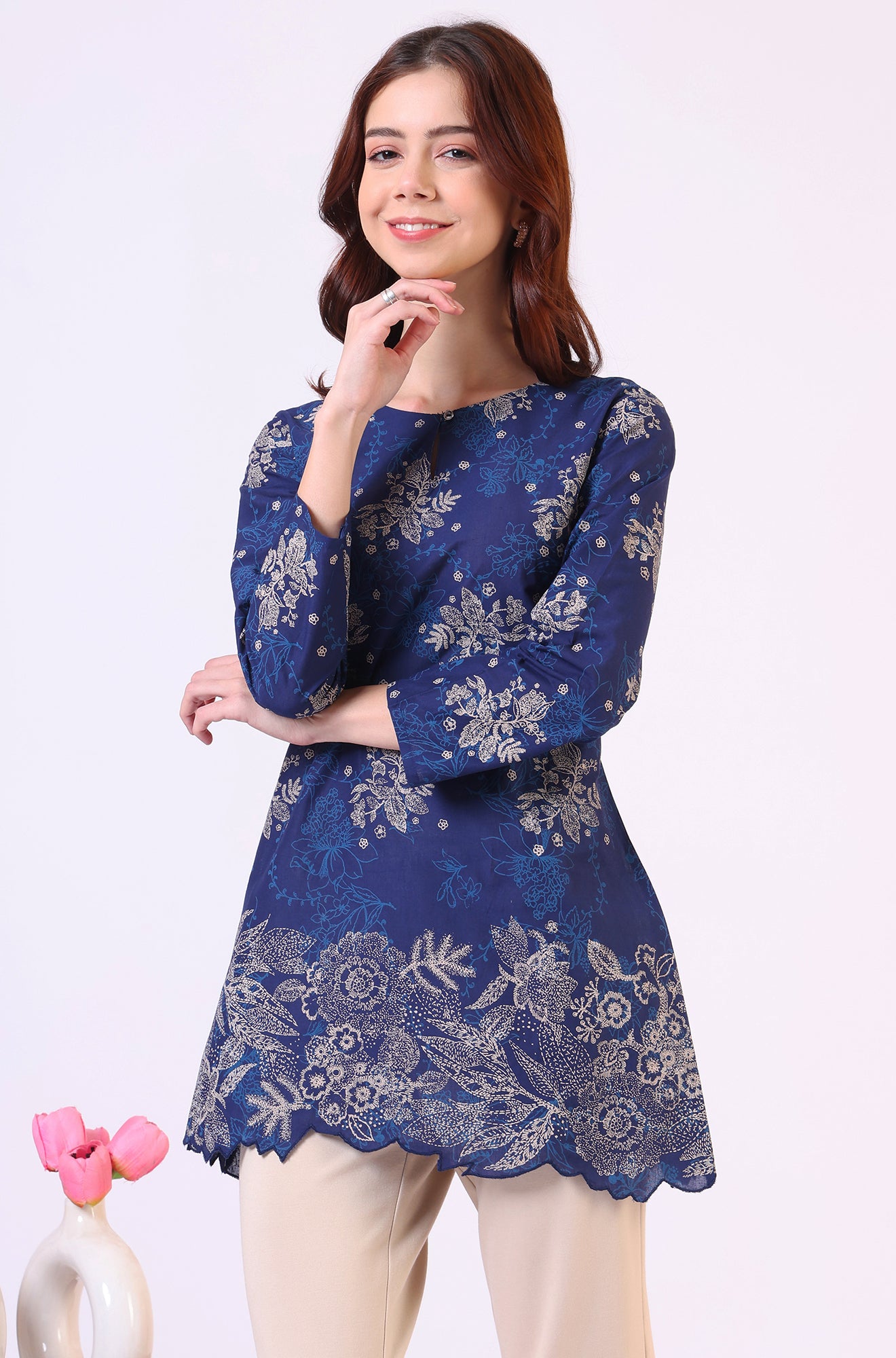 Navy Blue Floral Printed Pure Cotton Ethnic Top