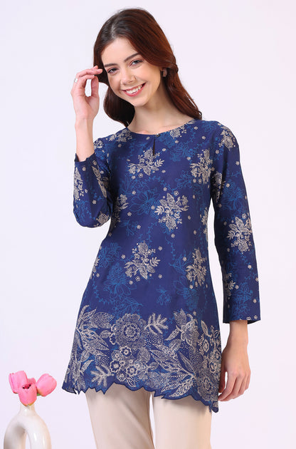 Navy Blue Floral Printed Pure Cotton Ethnic Top