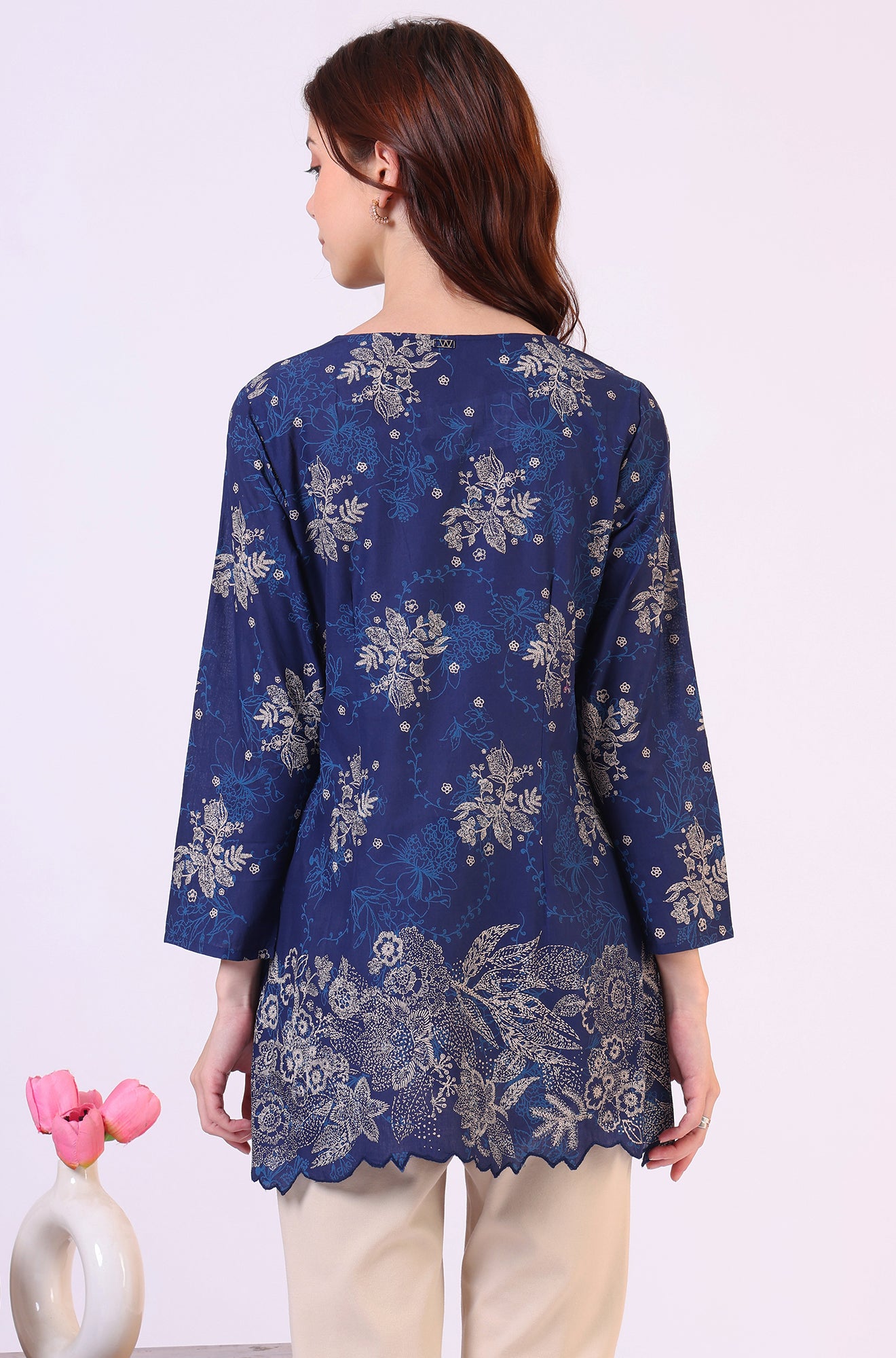 Navy Blue Floral Printed Pure Cotton Ethnic Top