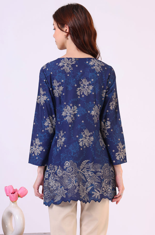 Navy Blue Floral Printed Pure Cotton Ethnic Top