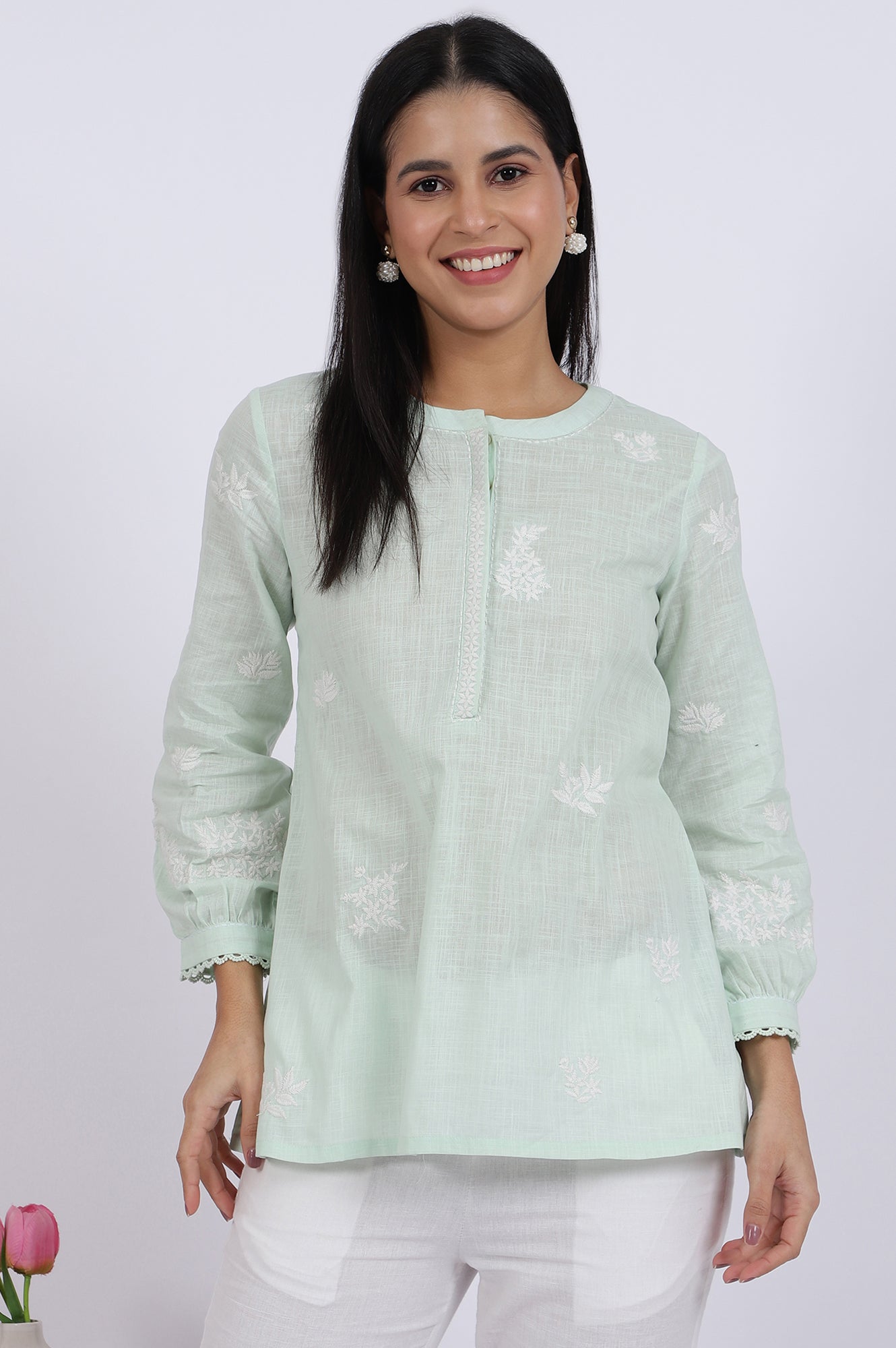 Green Thread Embroidered Straight Pure Cotton Ethnic Top