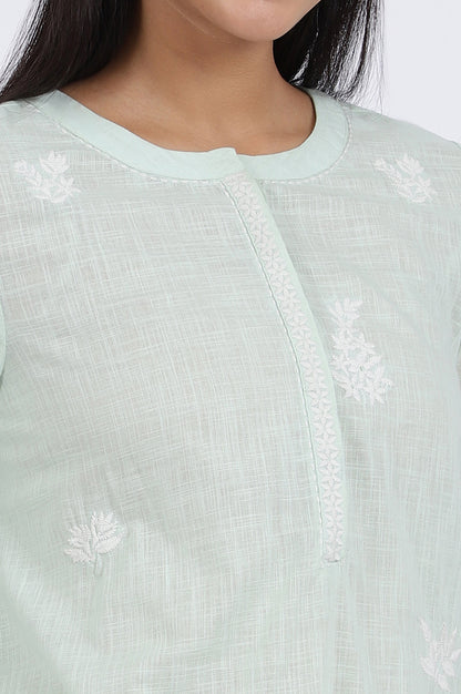 Green Thread Embroidered Straight Pure Cotton Ethnic Top