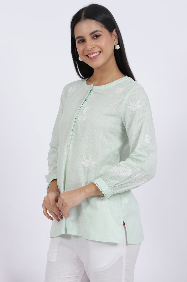 Green Thread Embroidered Straight Pure Cotton Ethnic Top