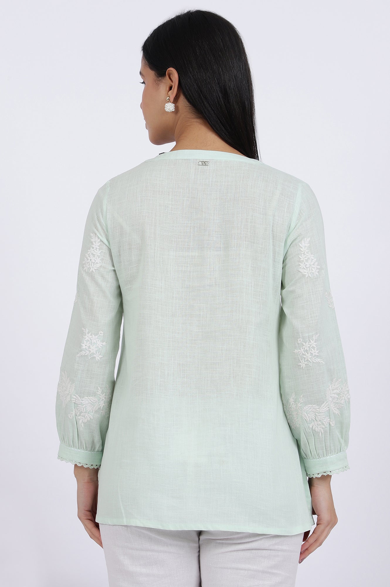 Green Thread Embroidered Straight Pure Cotton Ethnic Top