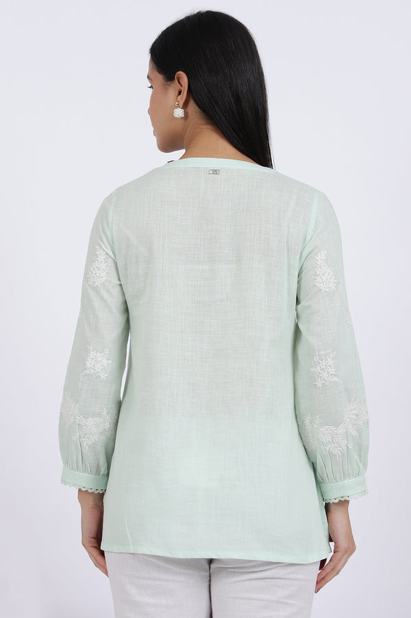 Green Thread Embroidered Straight Pure Cotton Ethnic Top