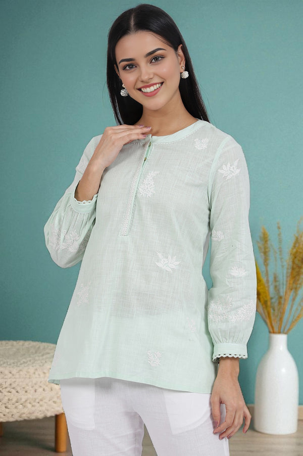 Green Thread Embroidered Straight Pure Cotton Ethnic Top