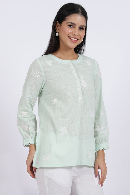 Green Thread Embroidered Straight Pure Cotton Ethnic Top