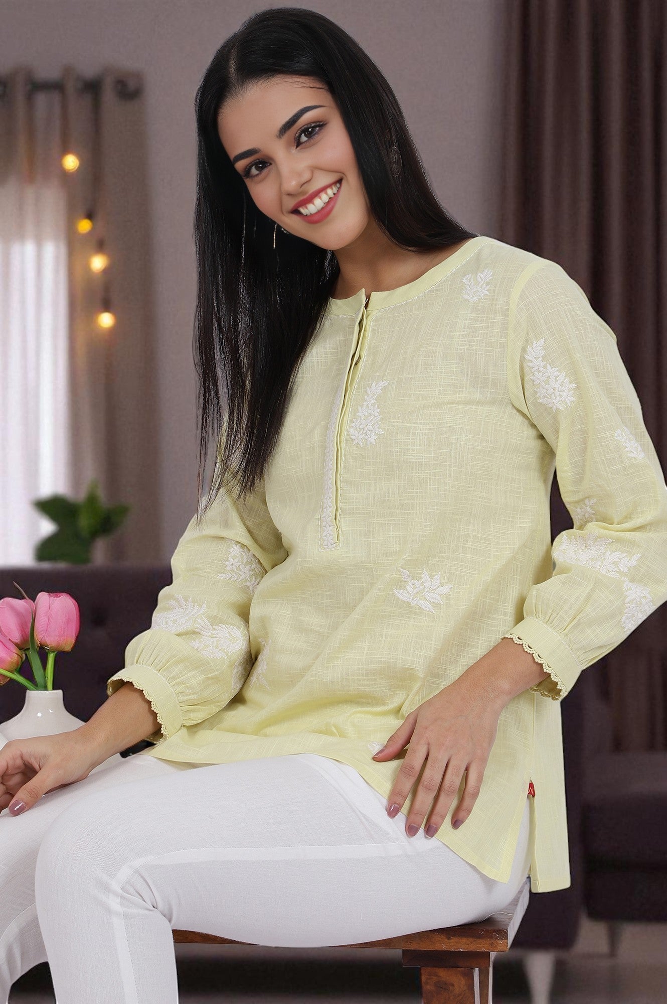 White Thread Embroidered Straight Pure Cotton Ethnic Top