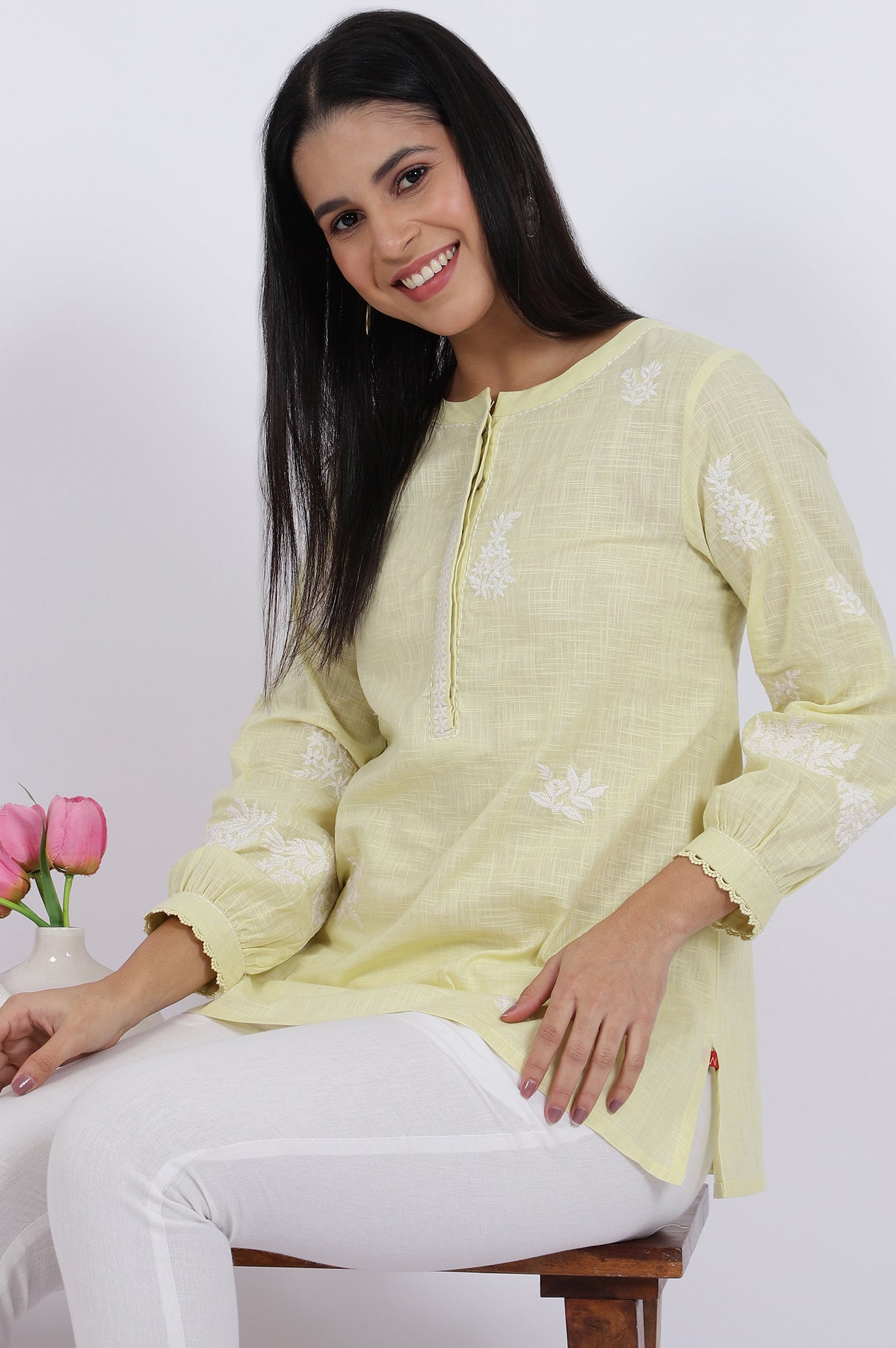 White Thread Embroidered Straight Pure Cotton Ethnic Top