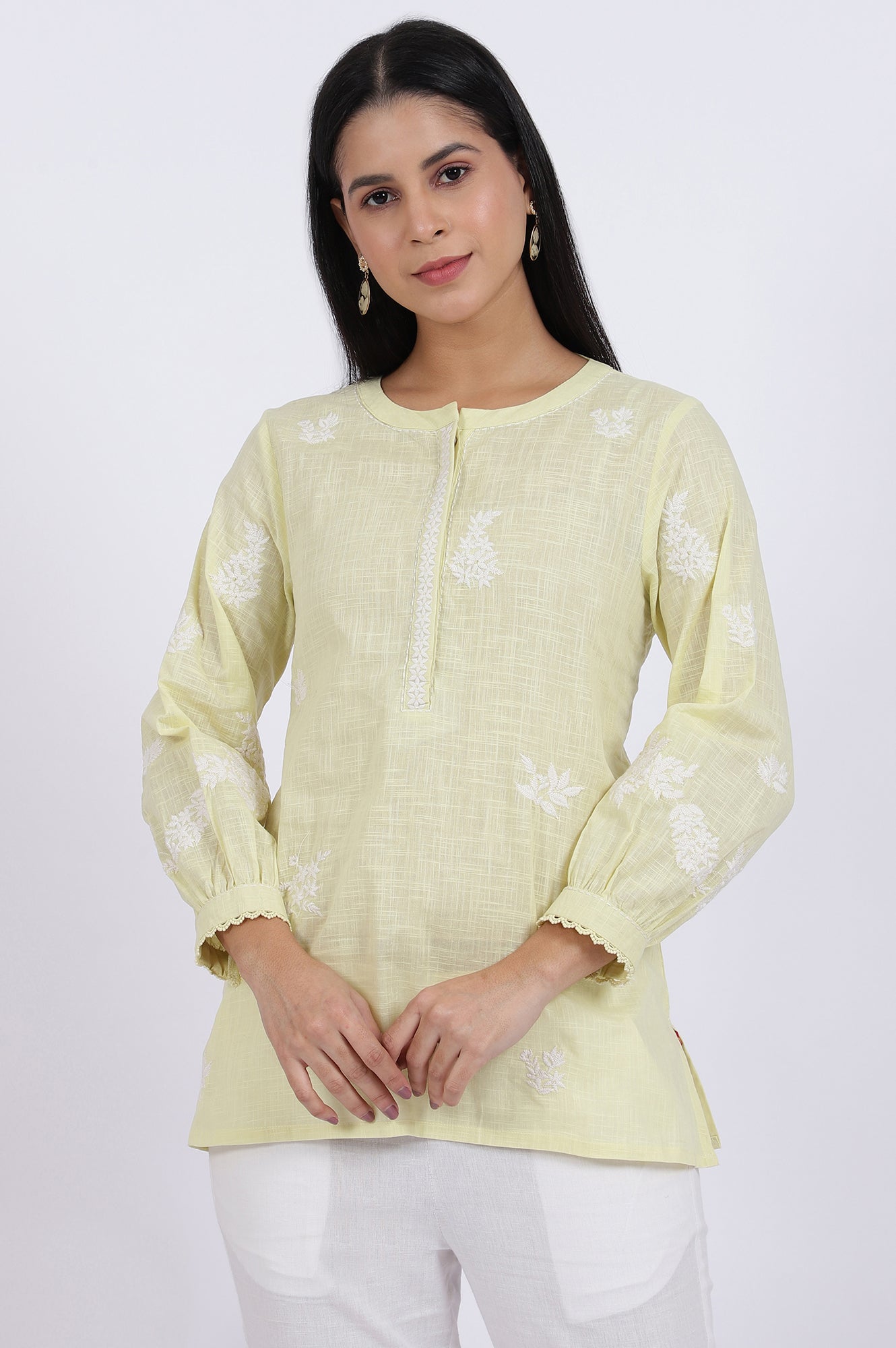 White Thread Embroidered Straight Pure Cotton Ethnic Top