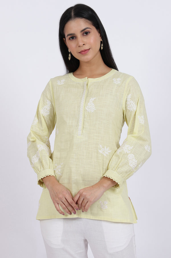 White Thread Embroidered Straight Pure Cotton Ethnic Top