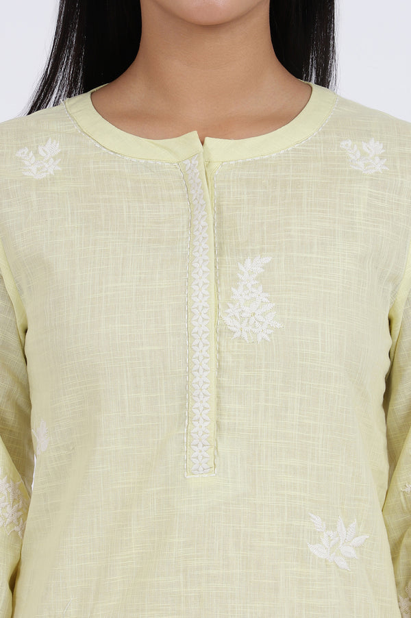 White Thread Embroidered Straight Pure Cotton Ethnic Top
