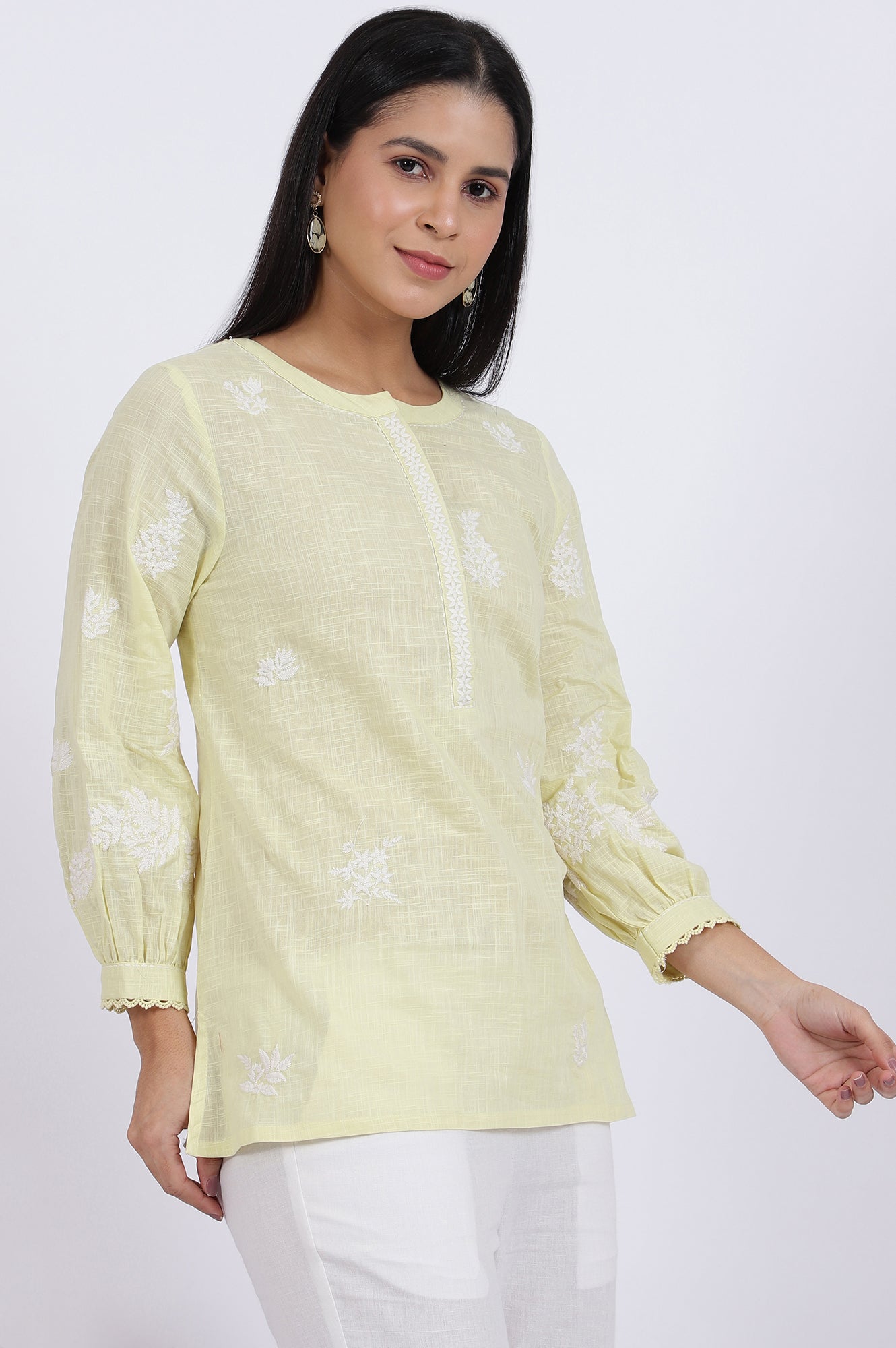 White Thread Embroidered Straight Pure Cotton Ethnic Top