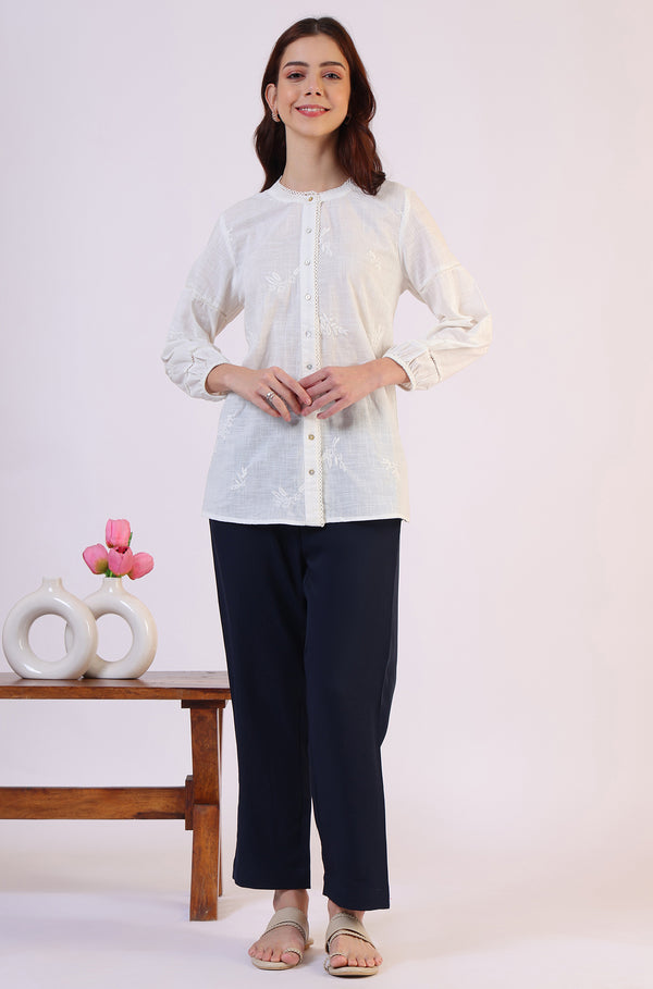 White Embroidered Pure Cotton Button Down Shirt