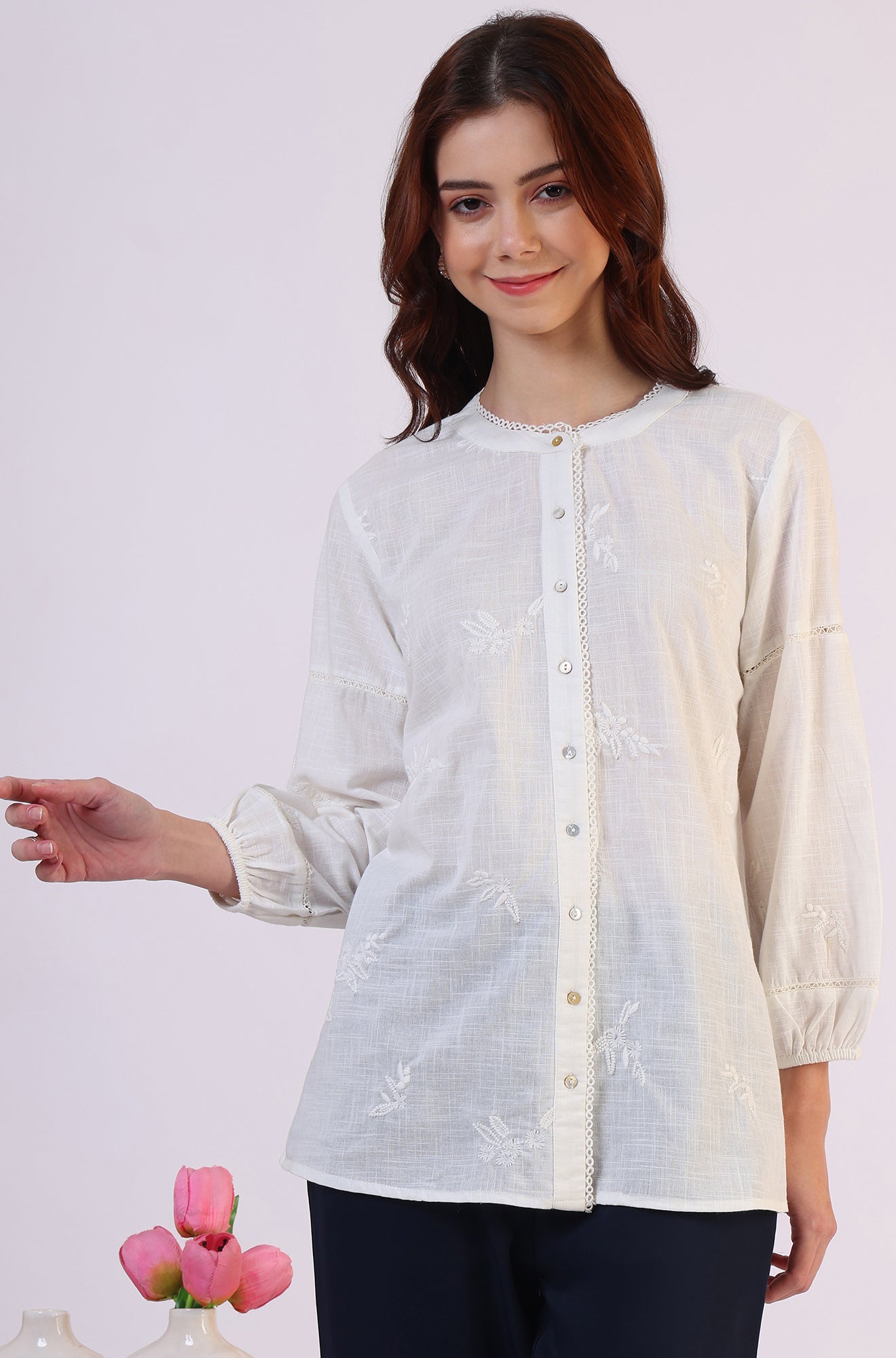 White Embroidered Pure Cotton Button Down Shirt