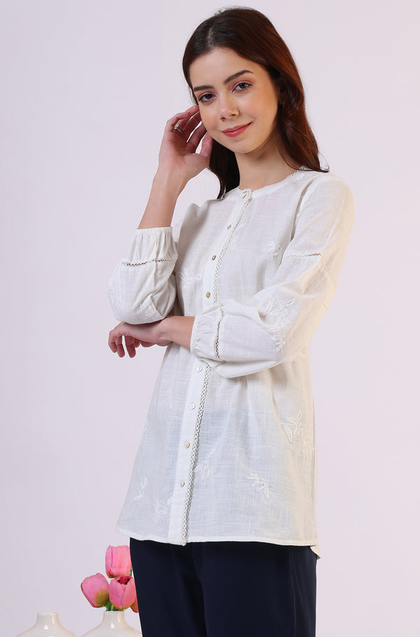 White Embroidered Pure Cotton Button Down Shirt