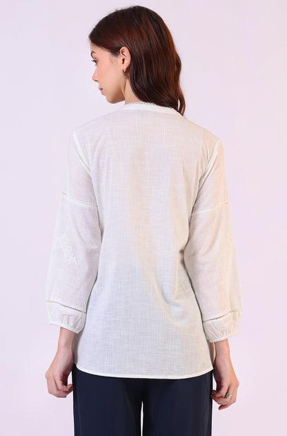 White Embroidered Pure Cotton Button Down Shirt