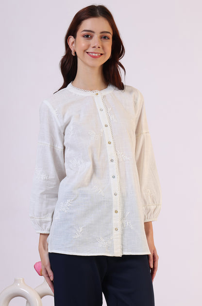 White Embroidered Pure Cotton Button Down Shirt