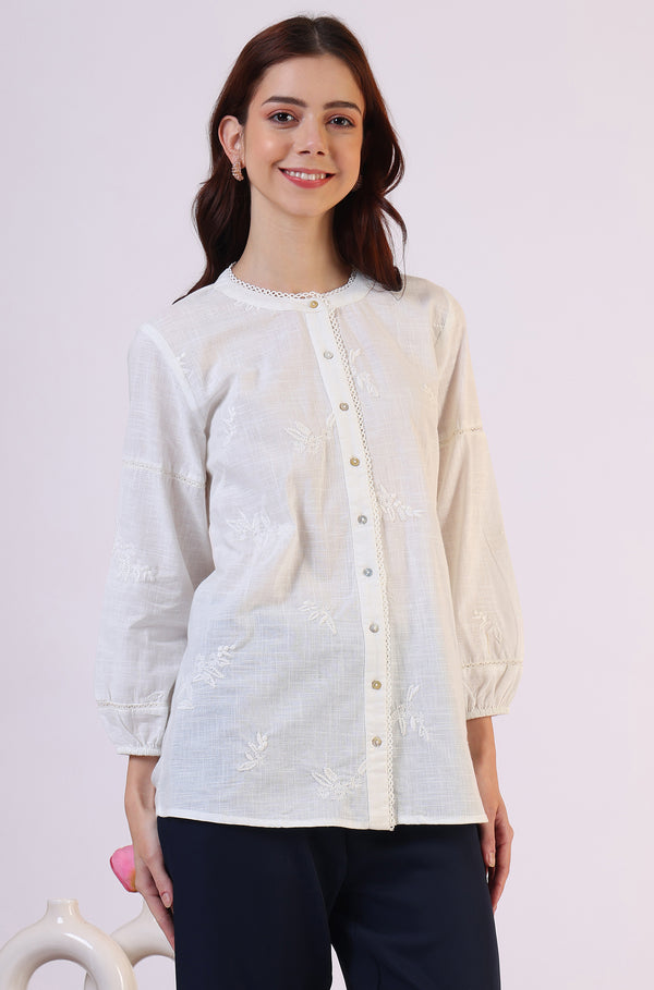 White Embroidered Pure Cotton Button Down Shirt