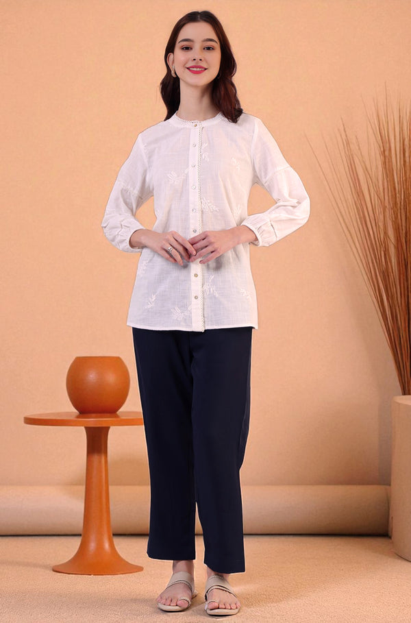 White Embroidered Pure Cotton Button Down Shirt