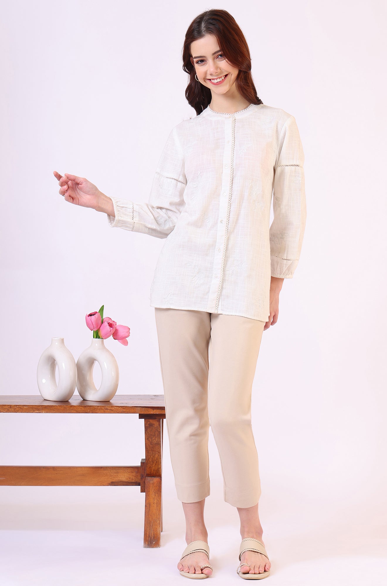 White Pure Cotton Button Down Shirt With Tonal Embroidery
