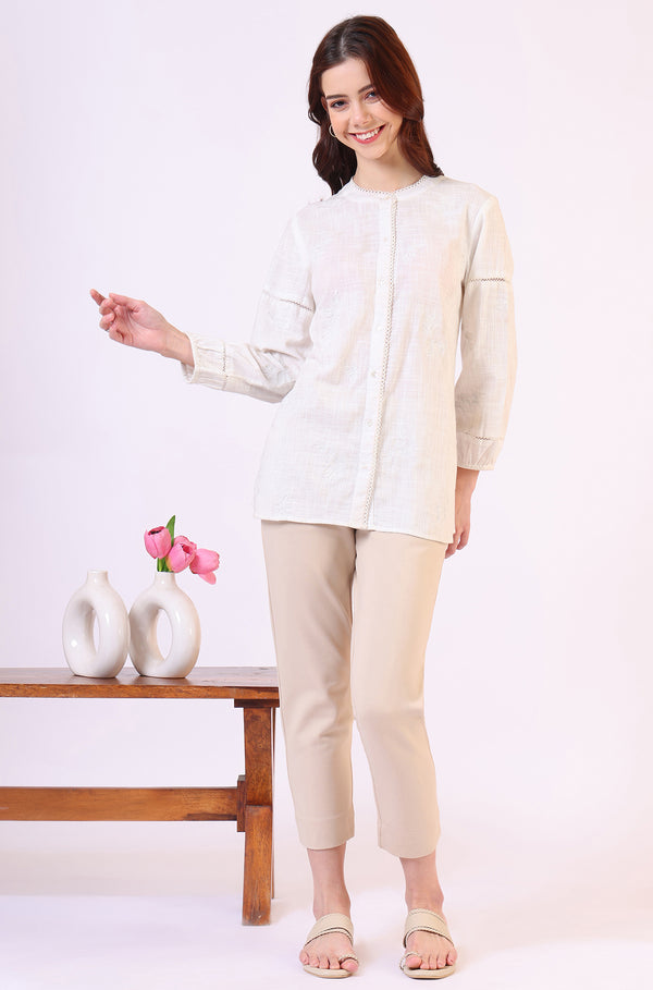 White Pure Cotton Button Down Shirt With Tonal Embroidery
