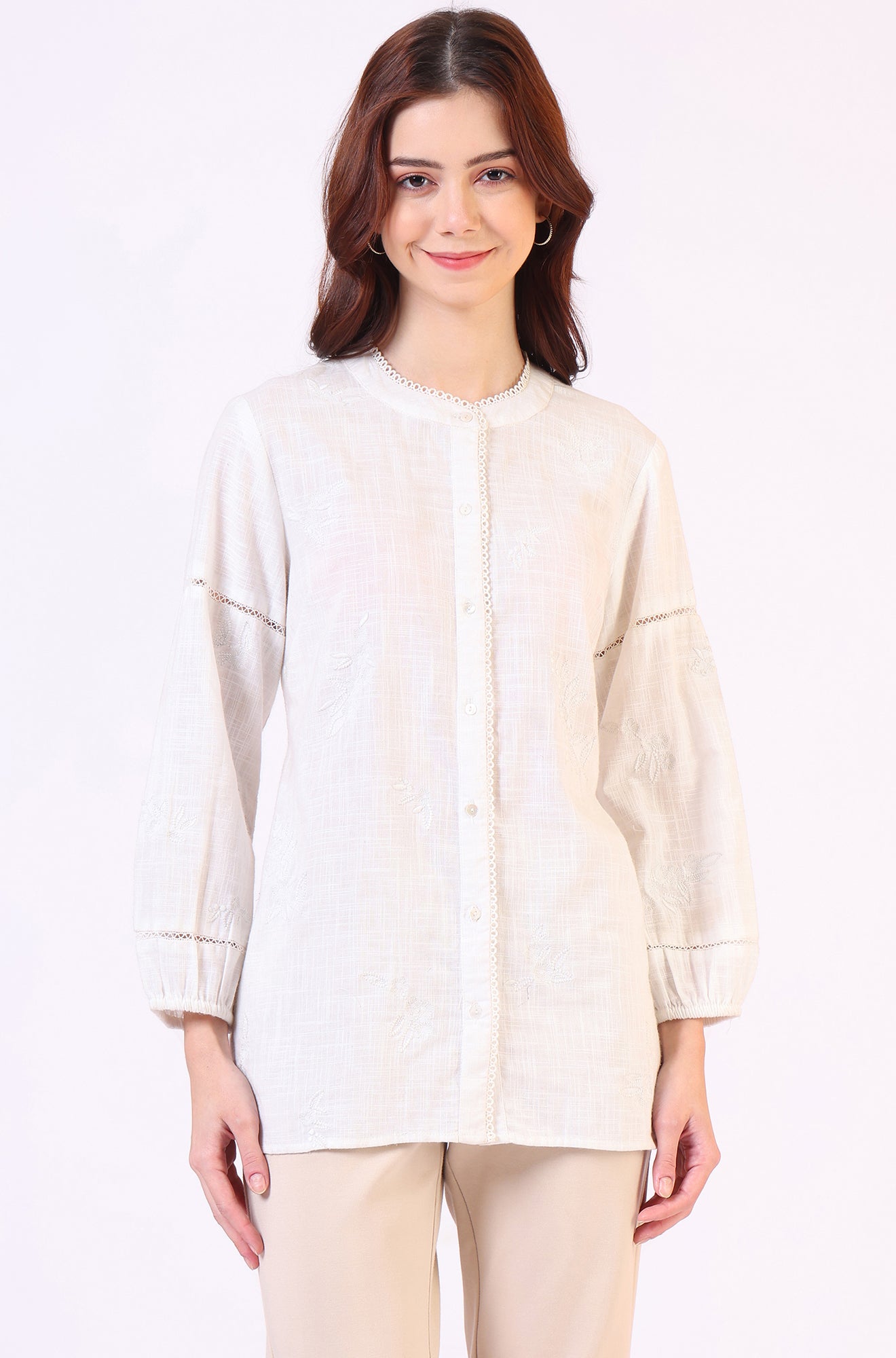 White Pure Cotton Button Down Shirt With Tonal Embroidery