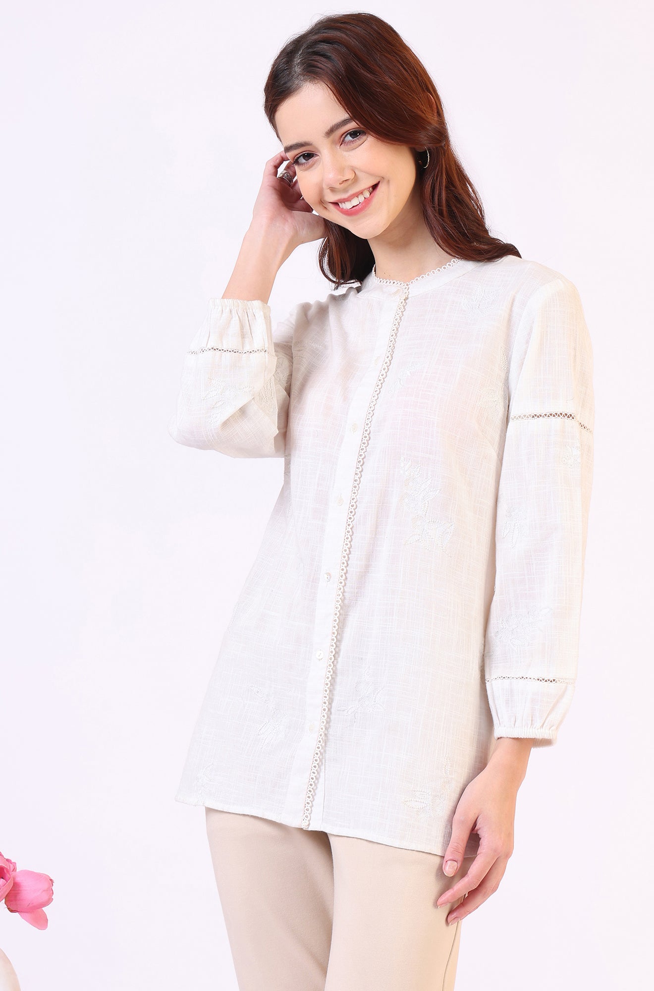 White Pure Cotton Button Down Shirt With Tonal Embroidery