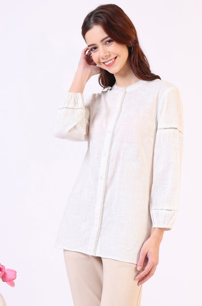 White Pure Cotton Button Down Shirt With Tonal Embroidery
