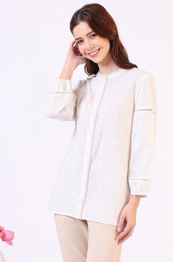 White Pure Cotton Button Down Shirt With Tonal Embroidery