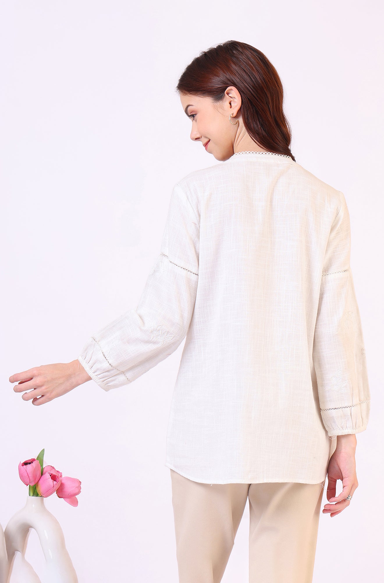 White Pure Cotton Button Down Shirt With Tonal Embroidery