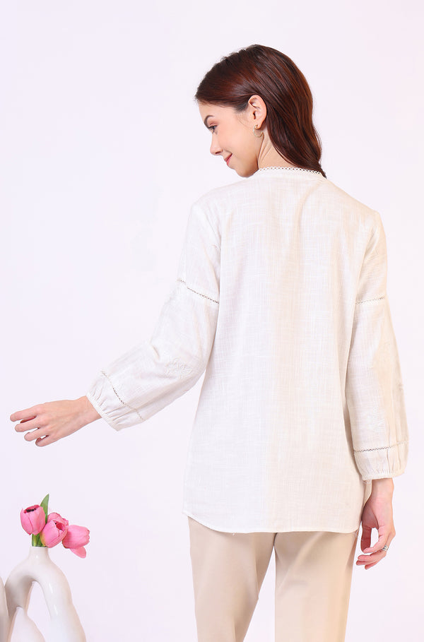 White Pure Cotton Button Down Shirt With Tonal Embroidery