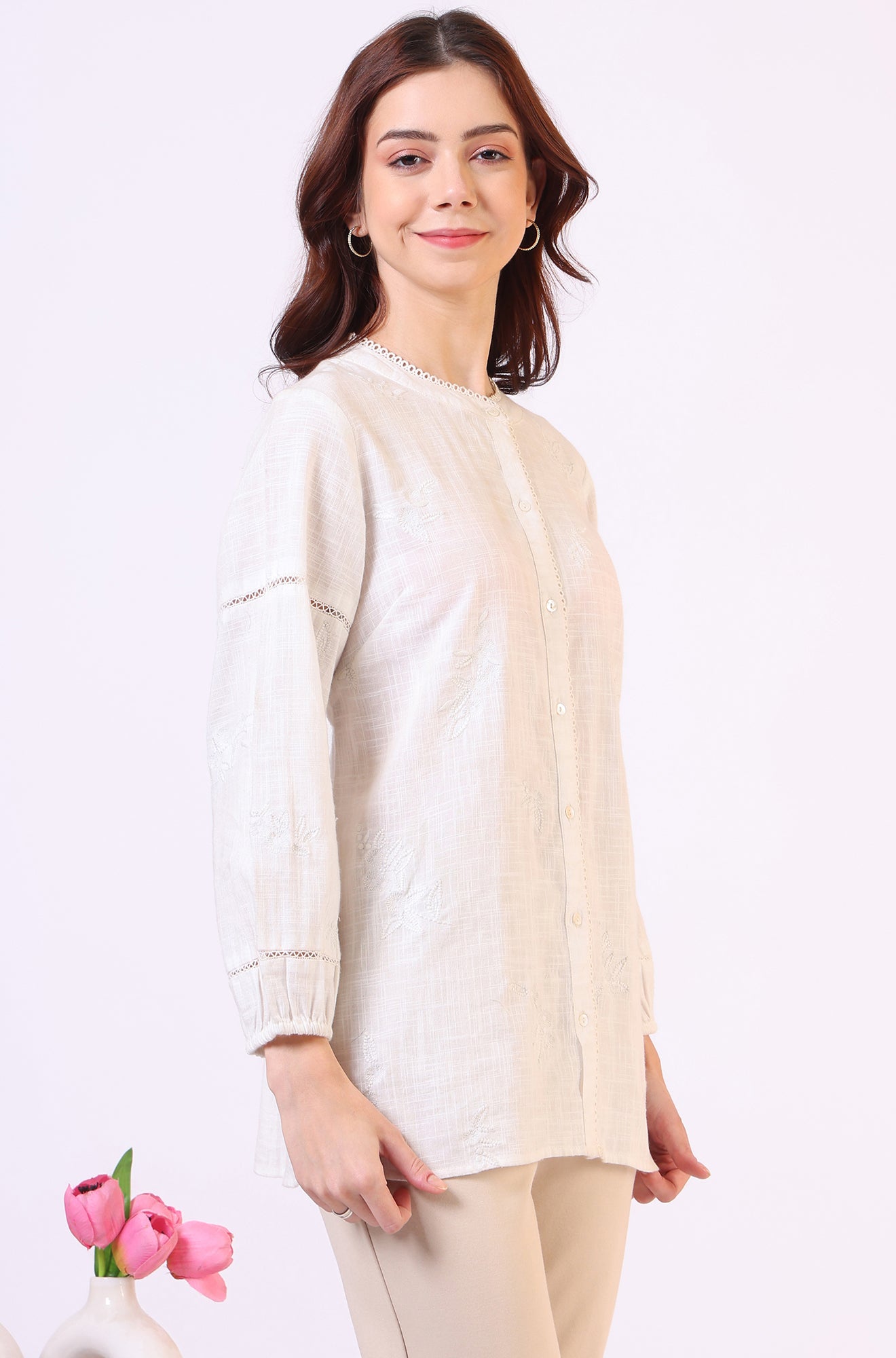 White Pure Cotton Button Down Shirt With Tonal Embroidery