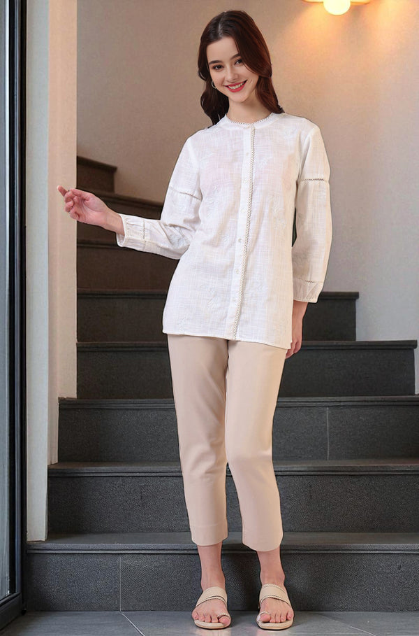 White Pure Cotton Button Down Shirt With Tonal Embroidery