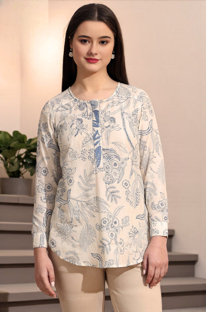 White and blue printed top with thread embroidery