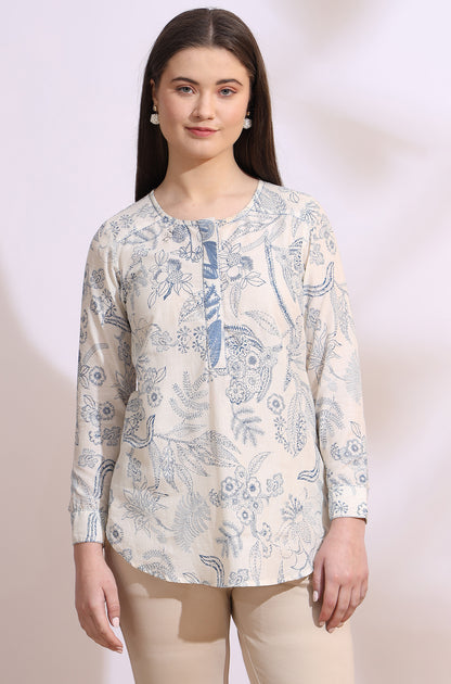 White and blue printed top with thread embroidery