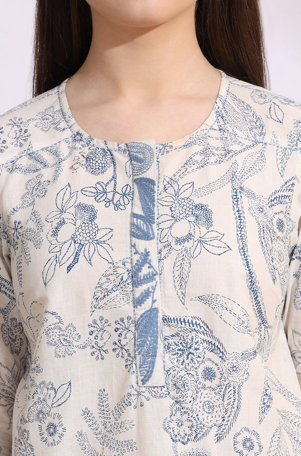 White and blue printed top with thread embroidery
