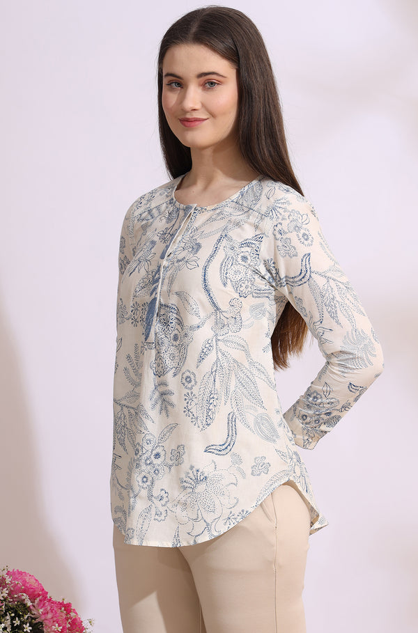 White and blue printed top with thread embroidery