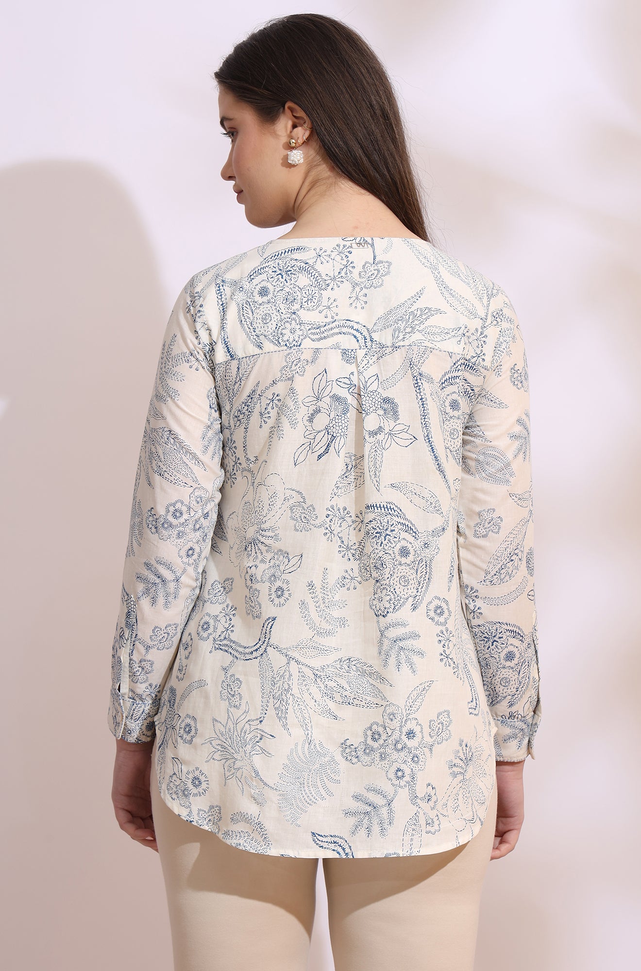 White and blue printed top with thread embroidery