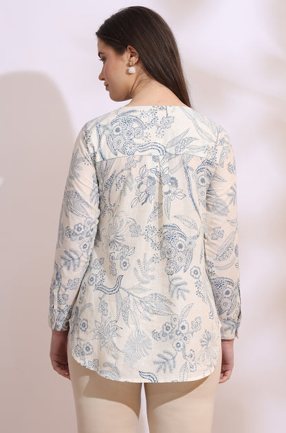 White and blue printed top with thread embroidery