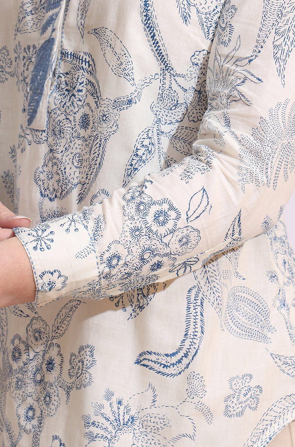 White and blue printed top with thread embroidery