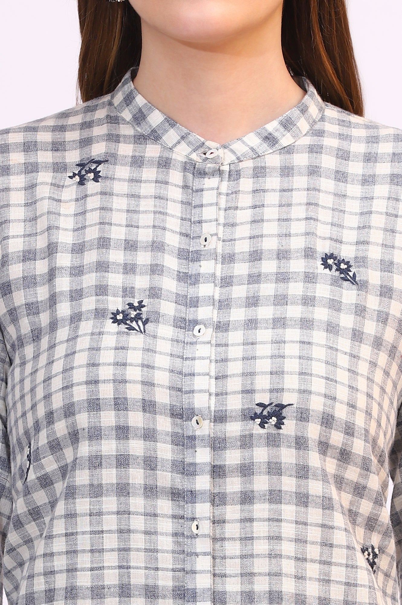 Off-White and Blue Checker Thread Embroidered Cotton Flax Shirt