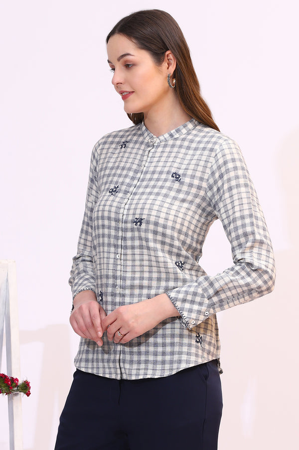 Off-White and Blue Checker Thread Embroidered Cotton Flax Shirt