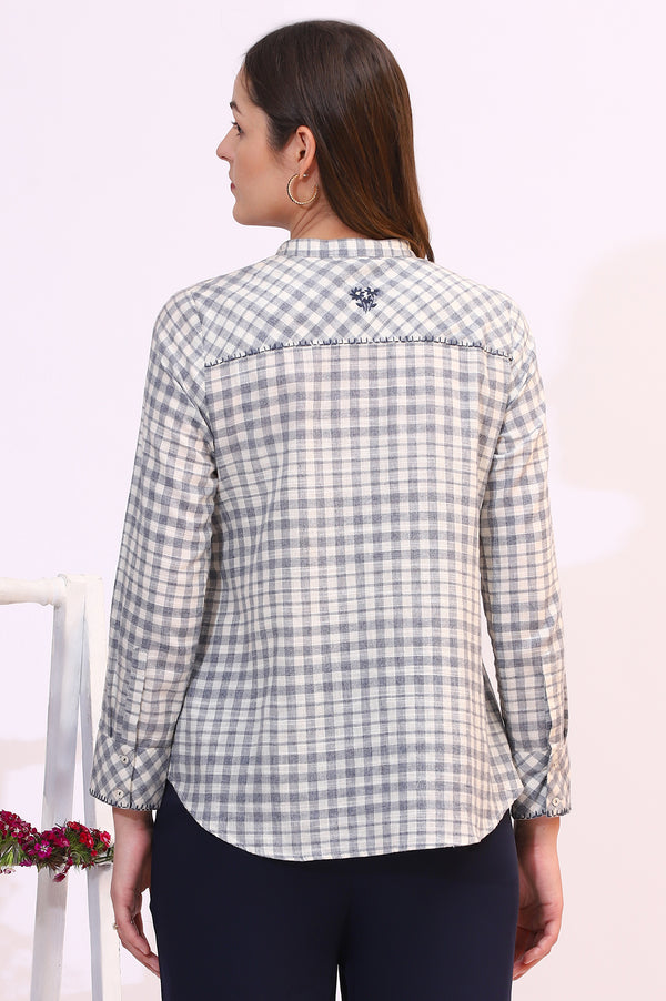 Off-White and Blue Checker Thread Embroidered Cotton Flax Shirt