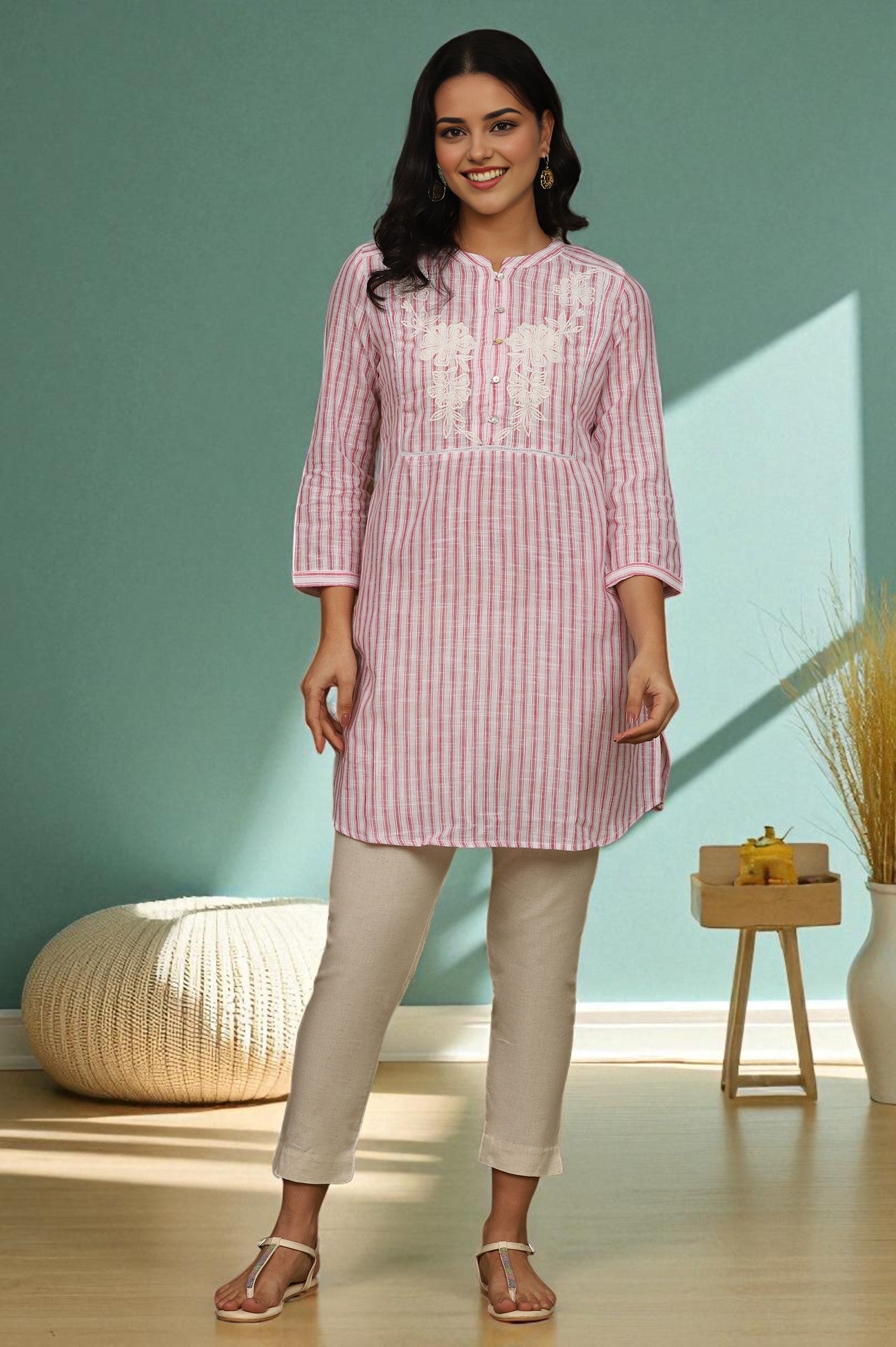 Pink and White Yarn Dyed Cotton Tunic in Mandarin Collar